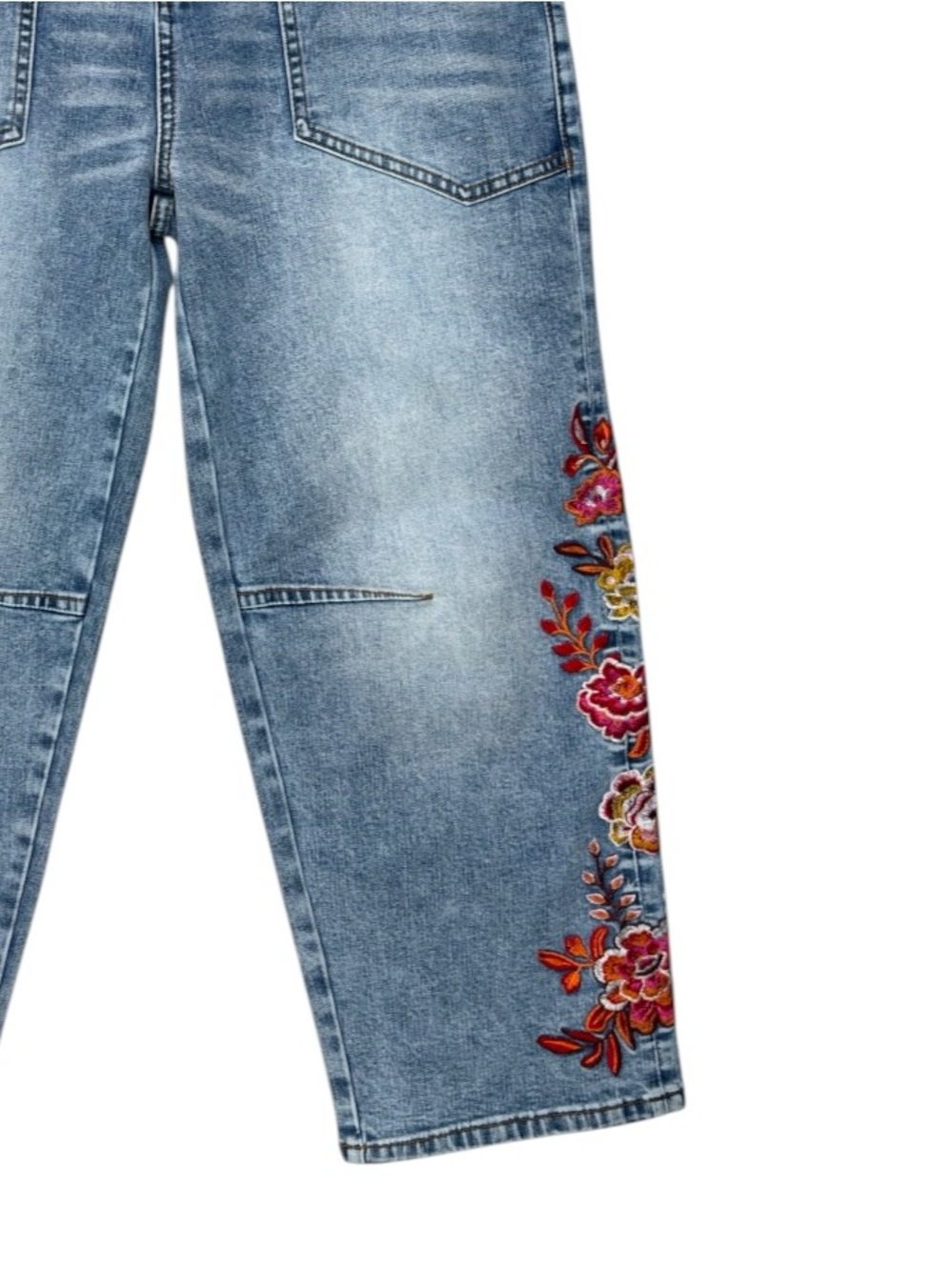 NWOT Boho Embroidery Curved Barrel Leg Cropped Horseshoe Jeans Size M FLAMINGALS - Picture 7 of 11
